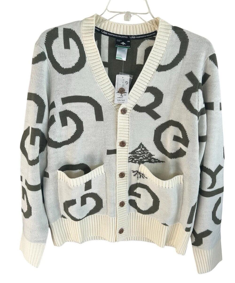 LRG Graphic Cardigan Sweater Mens Small Cream Logo Y2K Streetwear Skate NWT